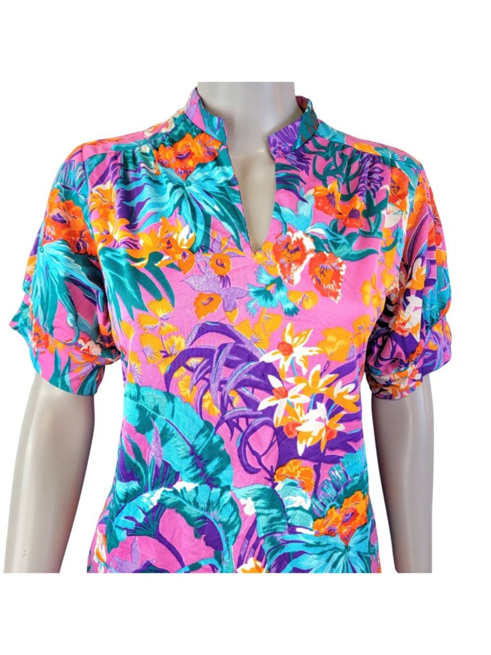 Vintage 80s Tropical Blouse Women 1X Plus Colorful Floral Top Beach Shirt Pink